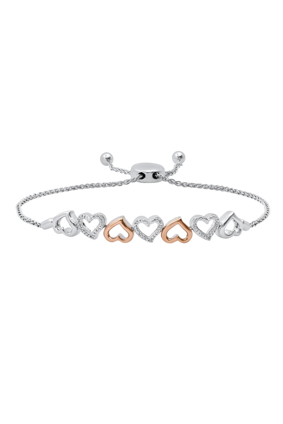 Collection Round White Diamond Heart Bolo Bracelet for Women (0.12 ctw, Color I-J, Clarity I2-I3) in Rose Gold Plated Sterling Silver