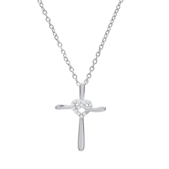 Dazzlingrock Collection Round White Diamond Heart With Cross Pendant for Women with 18 Inch Silver Chain (0.05 ctw, Color I-J, Clarity I2-I3) in 925 Sterling Silver