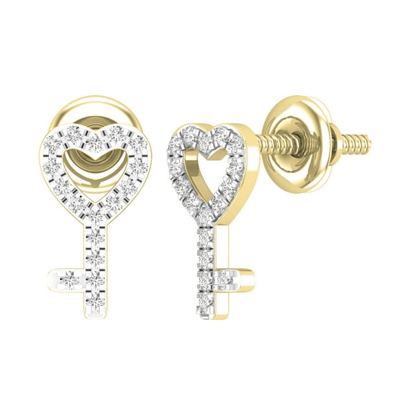 Dazzlingrock Collection Round White Diamond Heart Key Screw-back Stud Earrings for Women (0.10 ctw, Color I-J, Clarity I1-I2) in 18K Yellow Gold