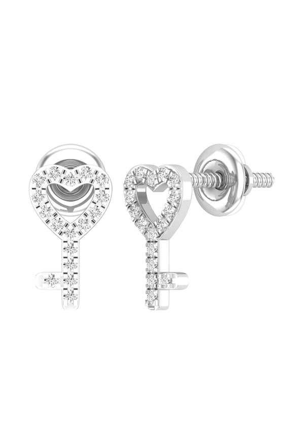 Collection Round White Diamond Heart Key Screw-back Stud Earrings for Women (0.10 ctw, Color I-J, Clarity I2-I3) in 925 Sterling Silver