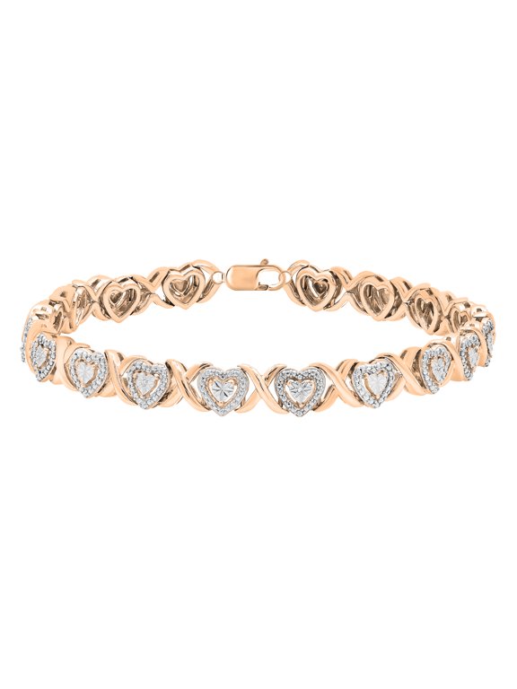 Collection Round White Diamond Heart Link Bracelet (0.02 ctw, Color I-J, Clarity I2-I3)in 10K Rose Gold