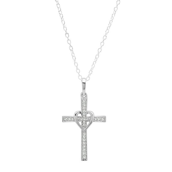 Dazzlingrock Collection Round White Diamond Heart Shaped Religious Cross Pendant for Women with 18 Inch Gold Chain (0.20 ctw, Color I-J, Clarity I2-I3) in 10K White Gold