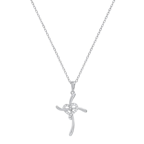 Dazzlingrock Collection Round White Diamond Heart Swirl Cross Pendant with 18 Inch Gold Chain for Women (0.11 ctw, Color I-J, Clarity I1-I2) in 18K White Gold