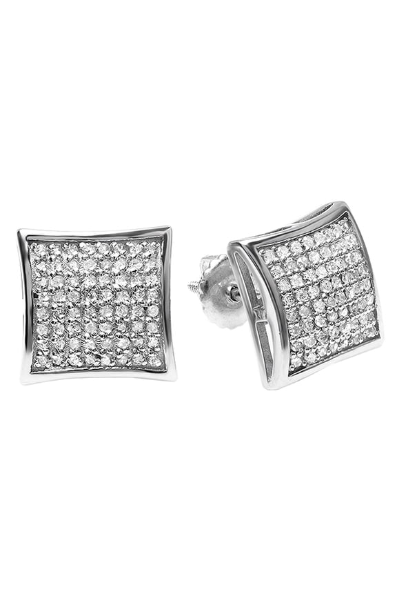 Collection Round White Diamond Hip Hop Concave Square Kite Shape Screwback Stud Earrings for Unisex (0.75 ctw, Color I-J, Clarity I1-I2) in 14K White Gold