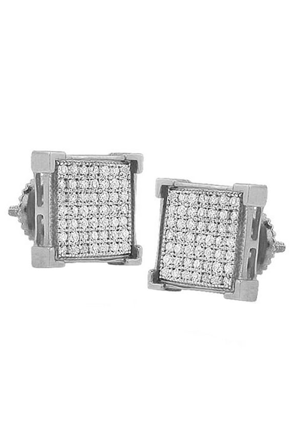 Collection Round White Diamond Hip Hop Iced Stud Earrings for Men, Sterling Silver
