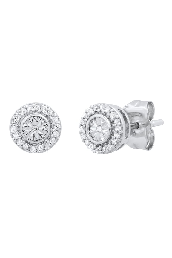 Collection Round White Diamond Illusion Set Pushback Stud Earrings for Women (0.10 ctw, Color I-J, Clarity I2-I3) in 925 Sterling Silver