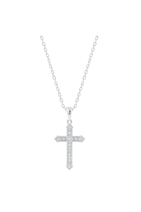 Collection Round White Diamond & Kite Shape Edge Religious Cross Pendant for Women with 18 Inch Silver Chain (0.10 ct. Color I-J, Clarity I2-I3) in 925 Sterling Silver
