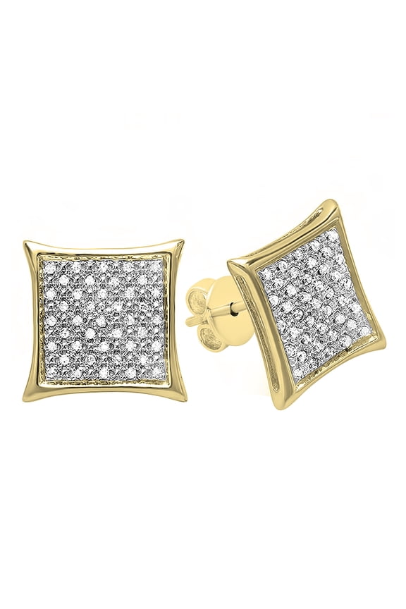 Collection Round White Diamond Kite Shape Hip Hop Iced Micro Pave Pushback Stud Earrings for Men (0.20 ctw, Color I-J, Clarity I2-I3) in 10K Yellow Gold