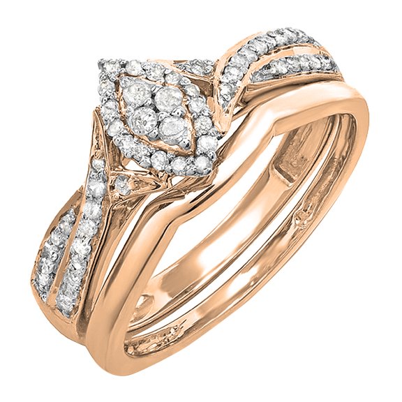 Dazzlingrock Collection Round White Diamond Marquise Shape Bridal Engagement Ring Set for Women (0.33 ctw, Color I-J, Clarity I2-I3) in 10K Rose Gold, Size 6