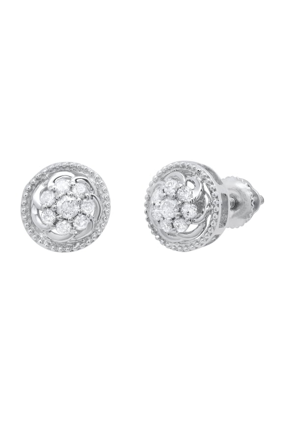 Collection Round White Diamond Metal Beaded Circle Frame Swirl Screwback Stud Earrings for Women (0.32 ctw, Color I-J, Clarity I2-I3) in 10K White Gold
