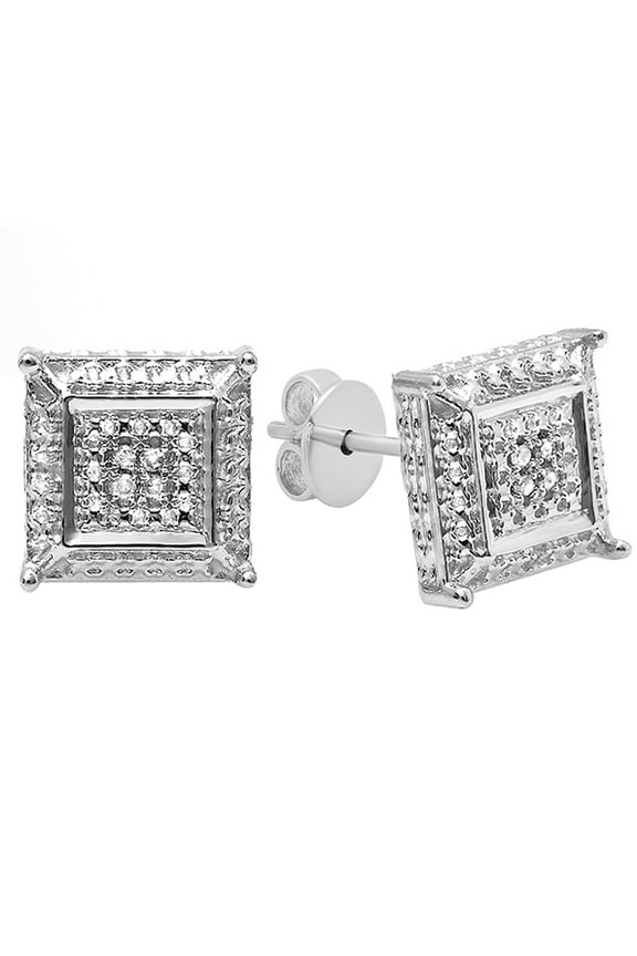 Collection Round White Diamond Micro Pave Setting Kite Shape Pushback Stud Earrings for Men (0.05 ctw, Color I-J, Clarity I1-I2) in 18K White Gold