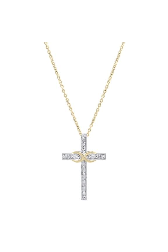 Collection Round White Diamond Religious Cross Pendant for Women with 18 Inch Gold Chain (0.10 ctw, Color I-J, Clarity I1-I2) in 18K White & Yellow Gold