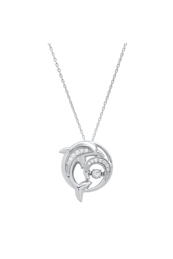 Collection Round White Diamond Shimmering Dolphin Pendant with 18 Inch Silver Chain for Women (0.13 ctw, Color I-J, Clarity I2-I3) in 925 Sterling Silver