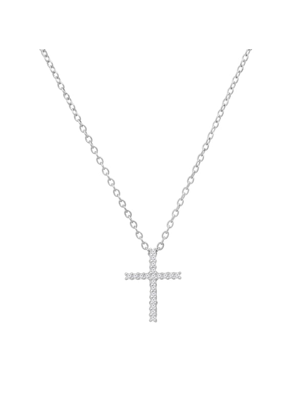 Collection Round White Diamond Simple Religious Cross Pendant for Women with 18 Inch Gold Chain (0.11 ctw, Color I-J, Clarity I1-I2) in 14K White Gold