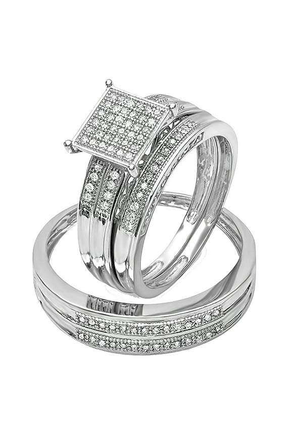 Collection Round White Diamond Square Head Engagement Trio Ring Set for Men & Women (0.27 ctw, Color I-J, Clarity I2-I3) 925 Sterling Silver, Womens size 6 and Mens size 10.5