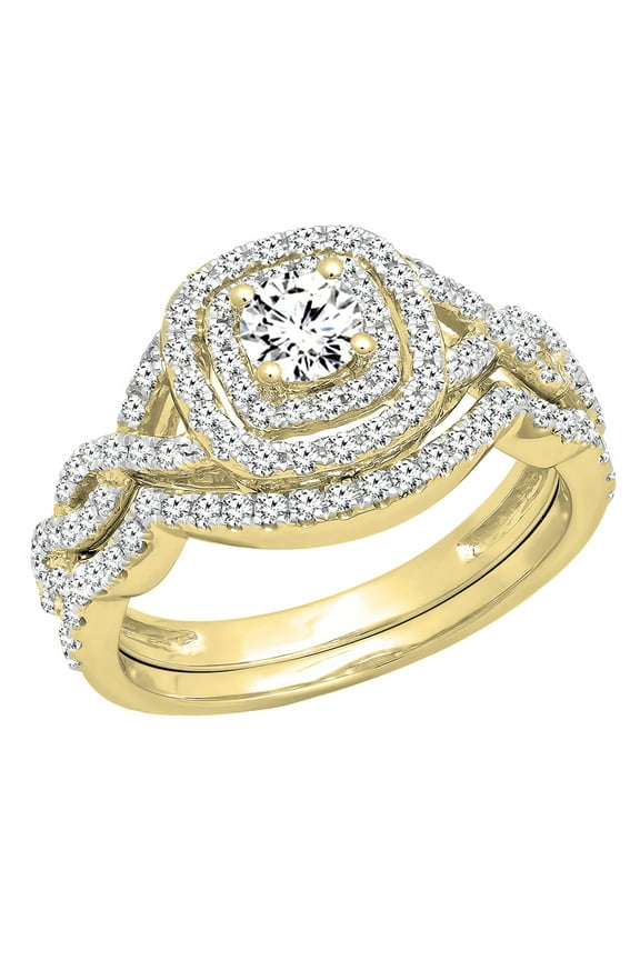 Collection Round White Diamond Swirl Halo Bridal Ring Set for Women (1.00 ctw, Color I-J, Color I2-I3) in 10K Yellow Gold, Size 6.5