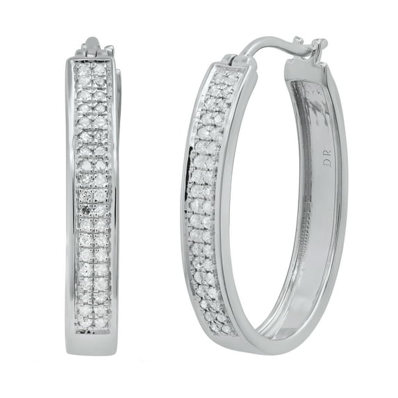 Dazzlingrock Collection Round White Diamond Two Lines Oval Shaped Hoop Earrings for Women (0.54 ctw, Color I-J, Clarity I1-I2) in 14K White Gold