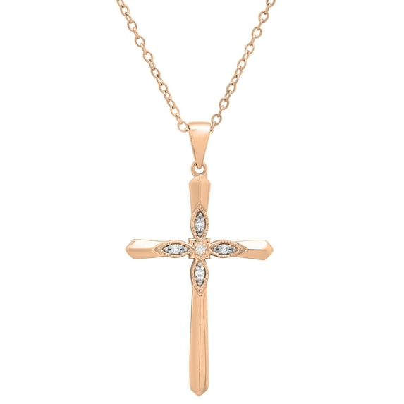 Dazzlingrock Collection Round White Diamond Vintage Style Cross Pendant for Women with 18 Inch Gold Chain (0.05 ctw, Color I-J, Clarity I1-I2) in 14K Rose Gold