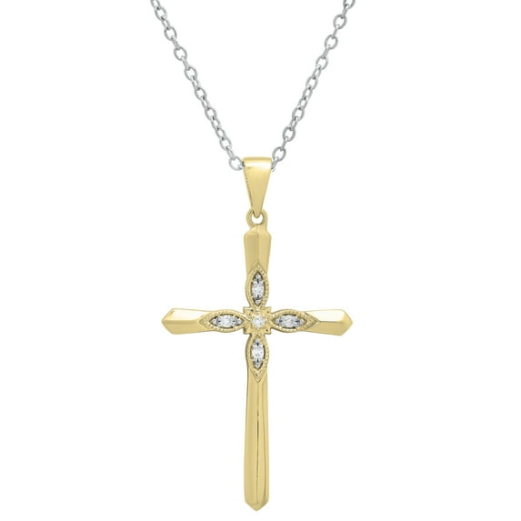 Dazzlingrock Collection Round White Diamond Vintage Style Cross Pendant for Women with 18 Inch Silver Chain (0.05 ctw, Color I-J, Clarity I1-I2) in 18K Yellow Gold