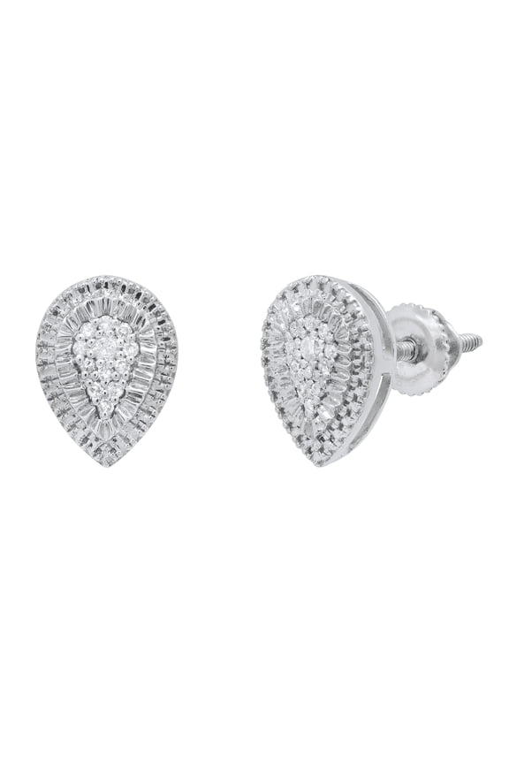Collection Round White & Metal Diamond Teardrop Shape Screwback Stud Earrings for Women (0.11 ctw, Color I-J, Clarity I1-I2) in 18K White Gold