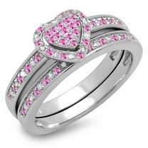 Dazzlingrock Collection Sterling Silver Pink Sapphire & White Diamond Heart Shaped Ring Set, Size 7
