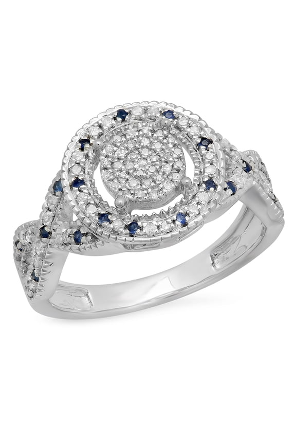 Collection Sterling Silver Round Blue Sapphire & White Diamond Ladies Micro Pave Engagement Ring, Size 6.5