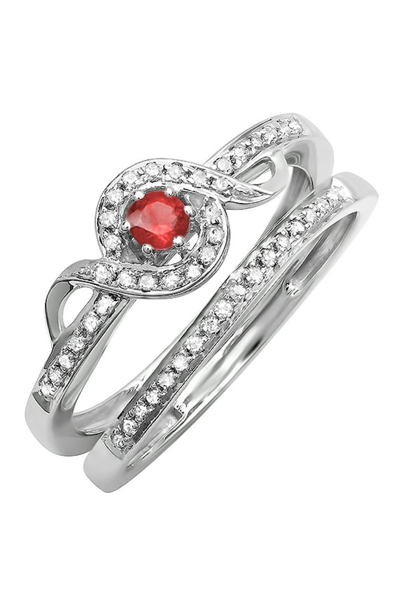 Collection Sterling Silver Round White Diamond And Ruby Bridal Promise Ring Set Matching Band, Size 7.5