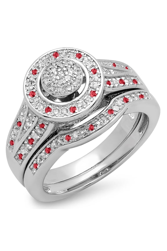 Collection Sterling Silver Ruby & White Diamond Split Shank Bridal Engagement Ring Set, Size 9