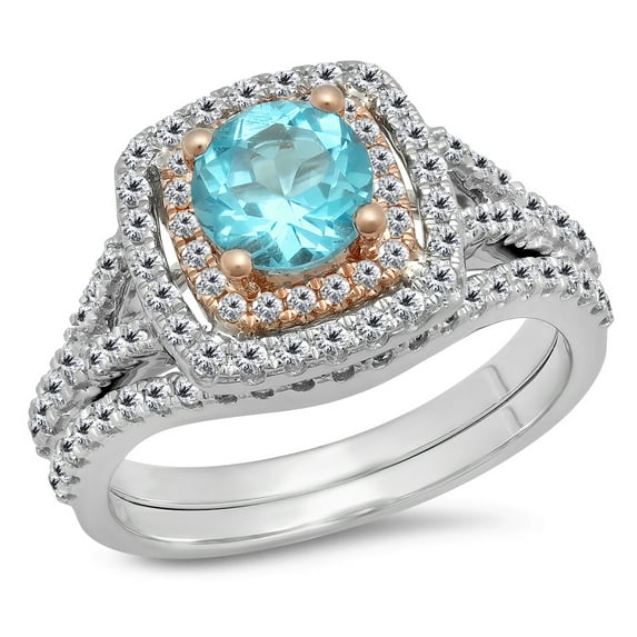 Dazzlingrock Collection Two Tone Rose Gold Plated 14K Blue Topaz & White Diamond Halo Engagement Ring Set, White Gold, Size 6.5