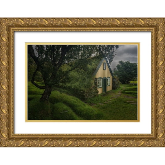 Db, Yy 32x23 Gold Ornate Wood Framed with Double Matting Museum Art Print Titled - Hofskirkja Turf Church