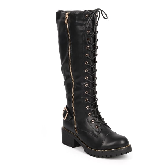 DbDk DA97 Women Leatherette Knee High Zip Lace Up Combat Boot