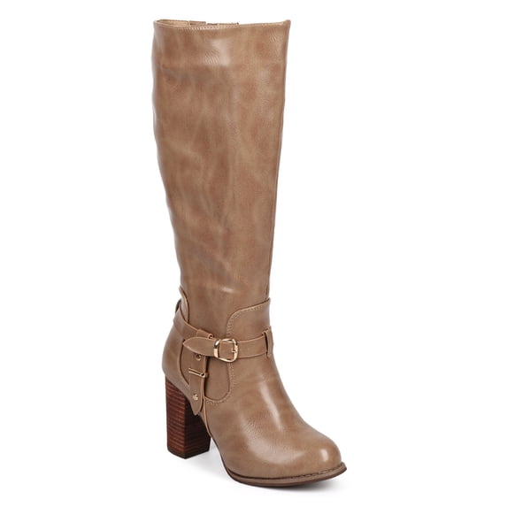 DbDk DE03 Women Leatherette Knee High Belted Chunky Heel Riding Boot
