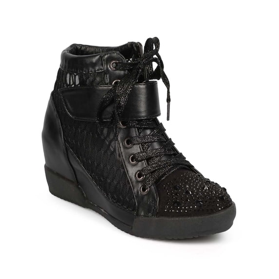 DbDk DG74 Women Mesh Mix Media Studded Rhinestone Fashion Wedge Sneaker