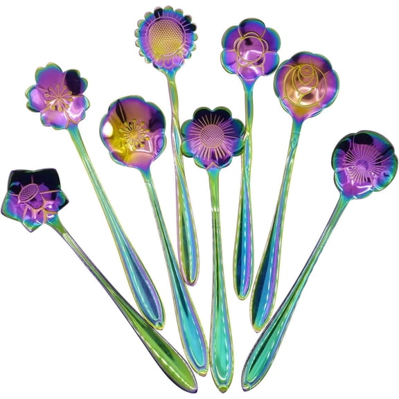 Flower Spoon Set - 8pcs Teaspoon Coffee Spoon Rainbow Color for Coffee Tea Mixing Ice Cream Dessert - 8 Diffient Pattern Colorful Mini Cutlery Set