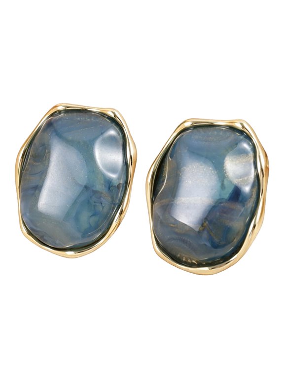 1 Pair Natural Healing Stone Stud Earrings for Women, Gold Plated Oval Resin Earrings, Faux Crystal Spiritual Gemstone Jewelry Gift