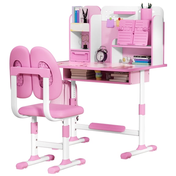 Dbuoem 2Pcs Desk Chair Set,,Height Adjustable School Children Study Table Chair Set with Sitting Corrector,Ergonomic Desk Chair with Book Stand,Foot Pedal,Partition Design