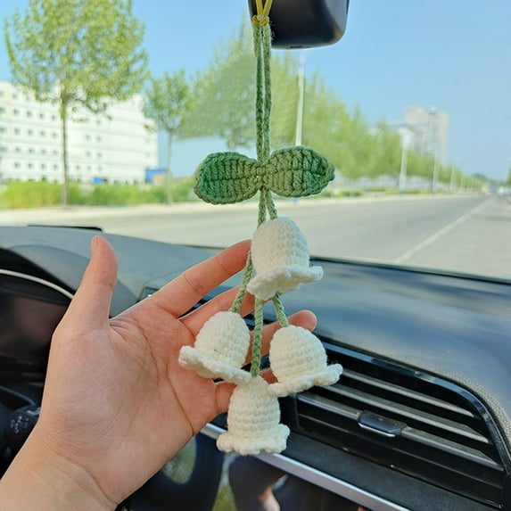 Dbuoem Car Mirror Pendant Hand Knitted Bellflower Flower Rear View Mirror Decor Hanging Accessories Car Interior