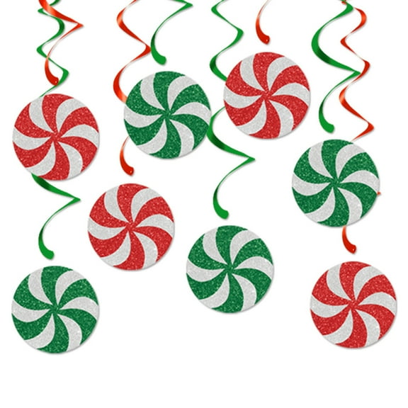 Dbuoem Christmas Candy Hanging Swirls Glitter Green Red White Candies Garland Banners Christmas Party Ceiling Streamer for Shower Birthday Wedding Decor