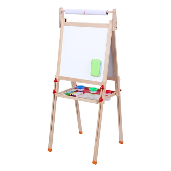Dbuoem Drawing Board,Toddlers Art Easel,Kids Dry Erase Board,Wooden Kid Easel with Paper Roll,Height Adjustable Magnetic Double Sided Easel