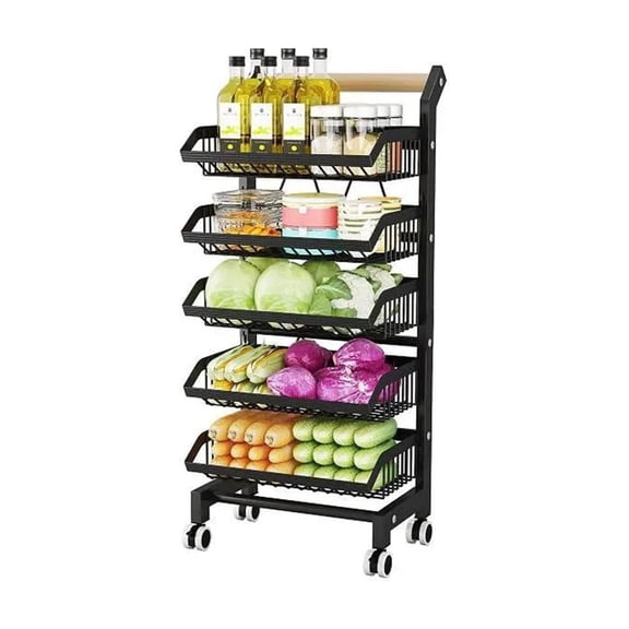 Dbuoem Fruit Vegetable Basket,5-Tier Adjustable Rolling Pantry Kitchen Cart on Wheels,Metal Wire Storage Basket Cart for Fruit,Potato,Onion,Vegetable,Snack,Produce