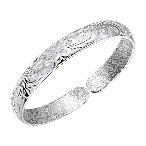 Dbuoem Lady Opening Bracelet Adjustable Circumference Floral Emboss Smooth Polished Wide Wrist Jewelry for Vacation Work Daily Wear