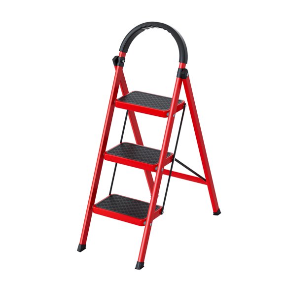 Dbuoem Step Ladder,3 Step Ladder Folding Step Stool,Collapsible Ladder for Home or RV Outdoor Work,330 lbs Load (White,Red)