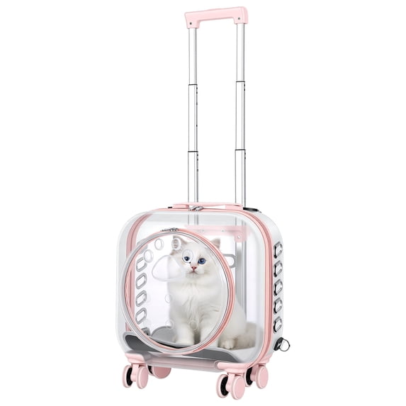 Dbuoem Transparent Pet Trolley Box,Cat Carrier with Wheels,Hard Shell Pet Rolling Backpack with Telescopic Handle,Detachable Shoulder Strap,for Outdoor