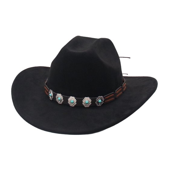 Dbuoem Western Cowboy Hat for Men And Women Shapeable Wide Brim Cowgirl Hat Rolled-Up Felt Fedora Hat with Stone Band