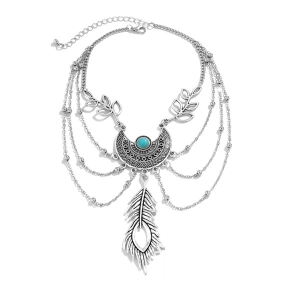 Dbuoem Women Arm Chain Feather Shape Bohemian Retro Leaf Tassel Faux Turquoise Beach Party Wedding Jewelry Accessory Arm Bracelet