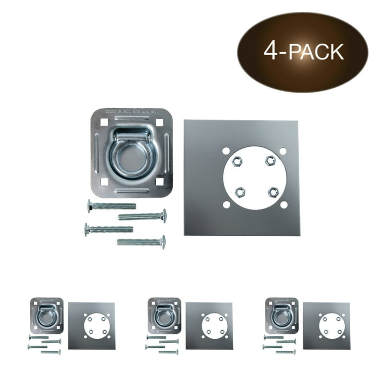 Four Recessed Tie-Down D Rings, Square Trailer Cargo Tiedown Anchors, Mounting Lock Plate + Installation Bolting Hardware Accessories - Carriage Bolts