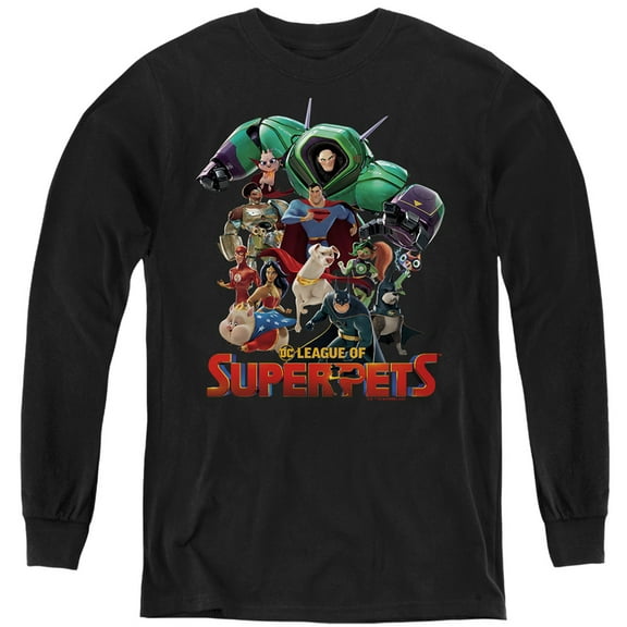 Dc League Of Super Pets Super Pet Pile Kids Long Sleeve T Shirt (Large) for Youth Boys and Girls, Black