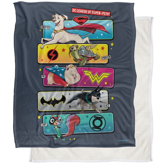 Dc League of Super Pets Blanket, 50"x60" Pet Panels Silky Touch Sherpa Back Super Soft Throw Blanket