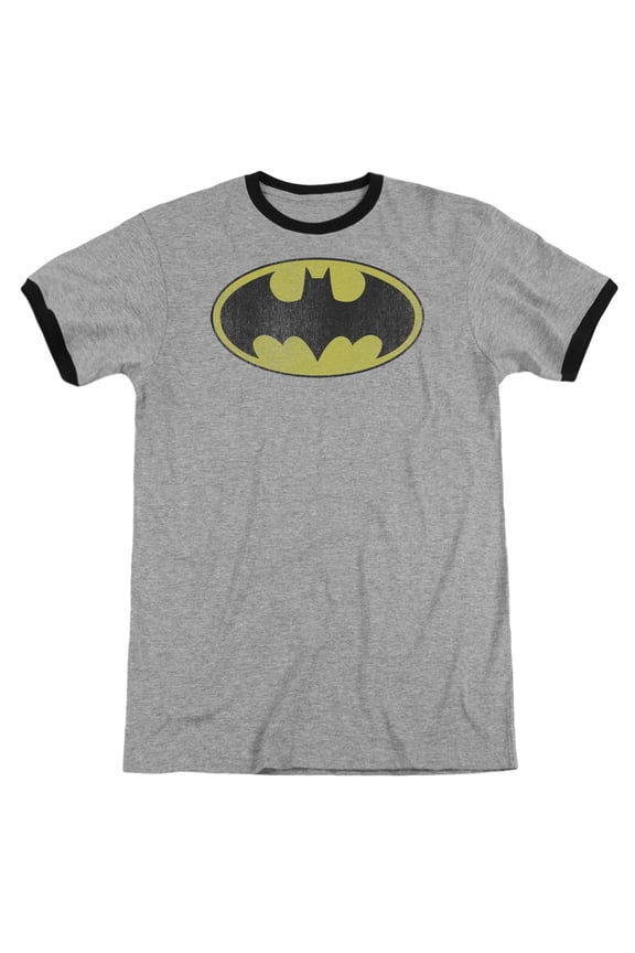 Dc - Retro Bat Logo Distressed - Heather Ringer Short Sleeve Shirt - Large