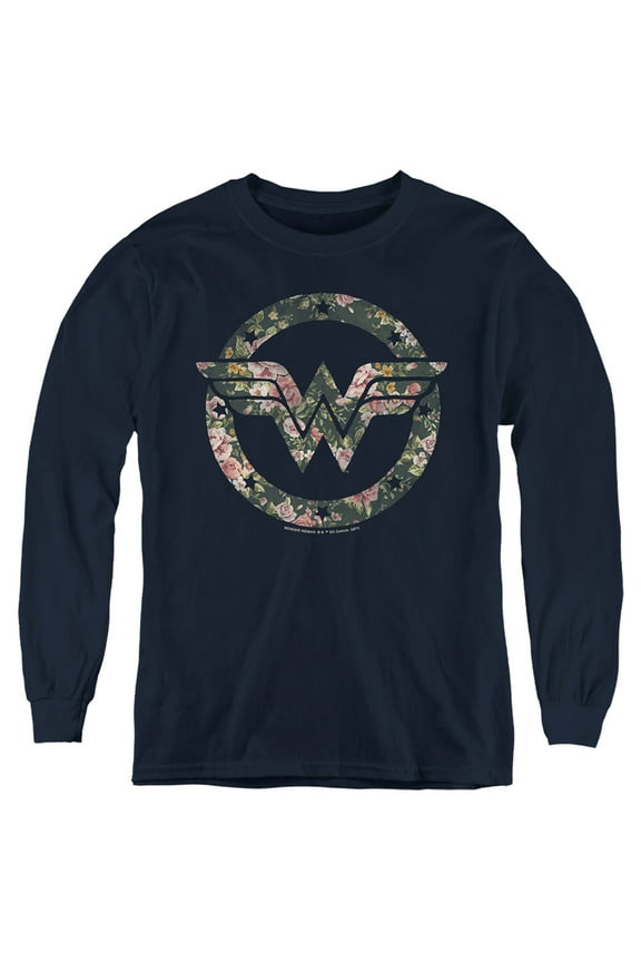 Dc Wonder Woman Floral Wonder Woman Logo Kids Long Sleeve T Shirt (X-Large) for Youth Boys and Girls, Navy